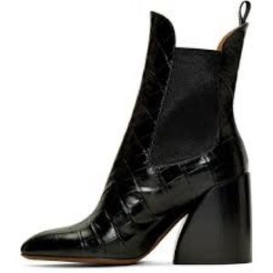 NWD Chloe $1,060 Croc-Embossed Ankle Boots, Black, EU37